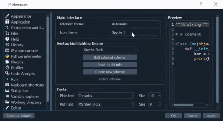 Spyder's Editor pane, showing how to switch between syntax highlighting themes