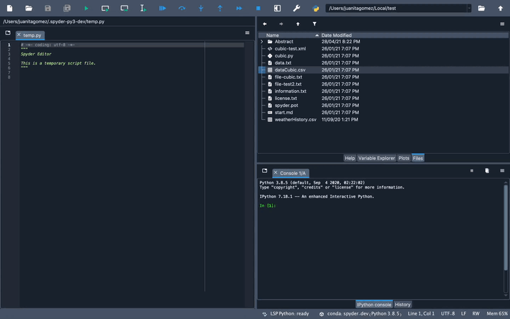 Spyder Files pane showing opening file with associated program