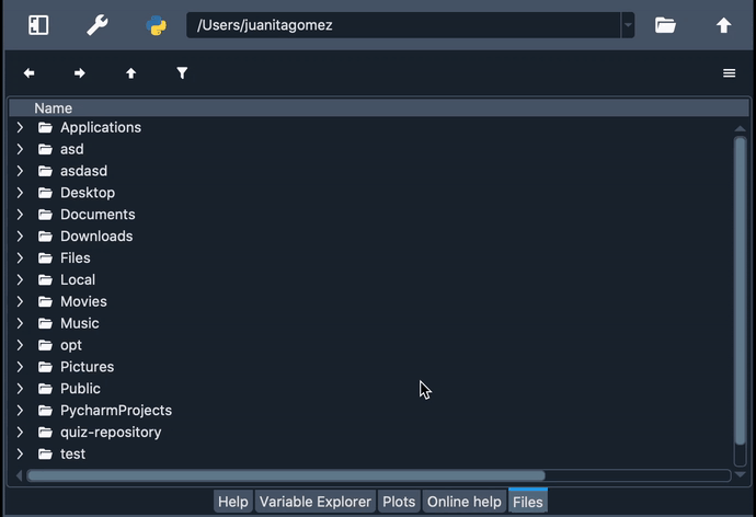 Spyder Files pane showing browsing directories