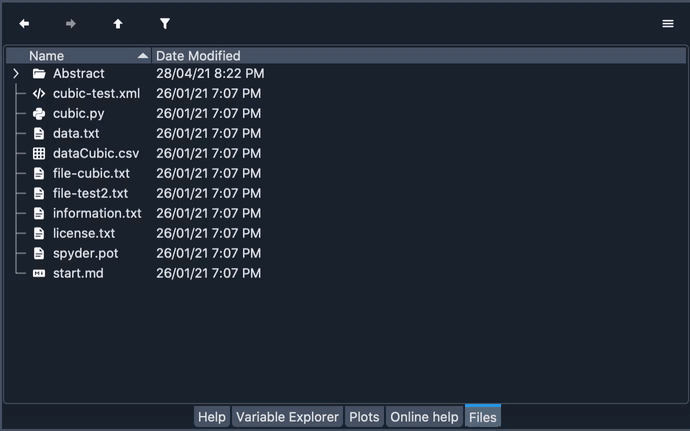 Spyder Files pane showing filtering files