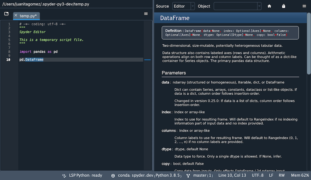 Spyder Editor and Help panes, with the latter displaying documentation for an object selected in the former.