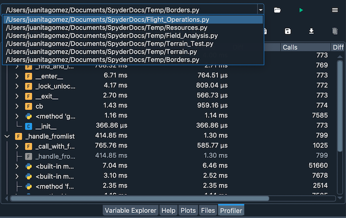 Spyder Profiler pane, showing dropdown of previous profiled files