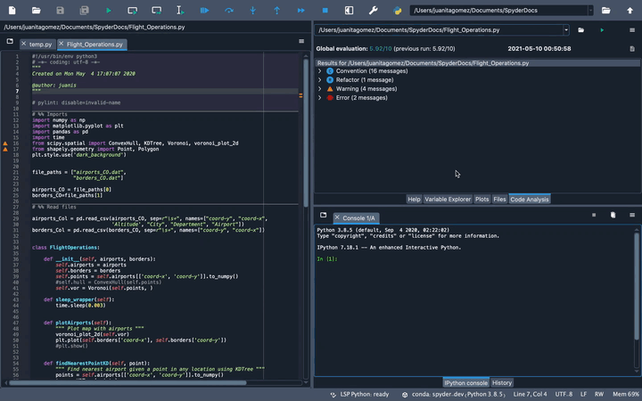 Spyder Pylint pane, showing running analysis browsing file