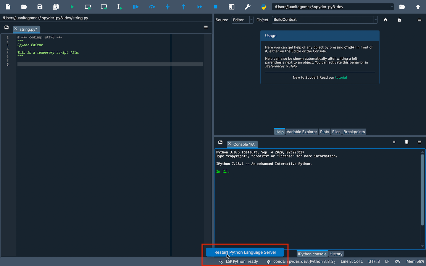 Spyder with LSP restart dialog