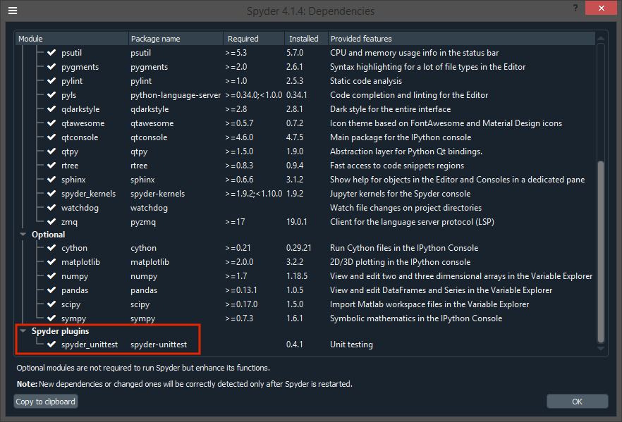 Dependencies dialog showing Unittest plugin