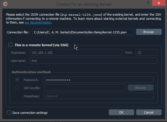 Entering pre-filled SSH details into the connection dialog