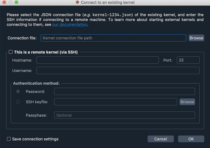 Connect to external kernel dialog of the Spyder IPython console