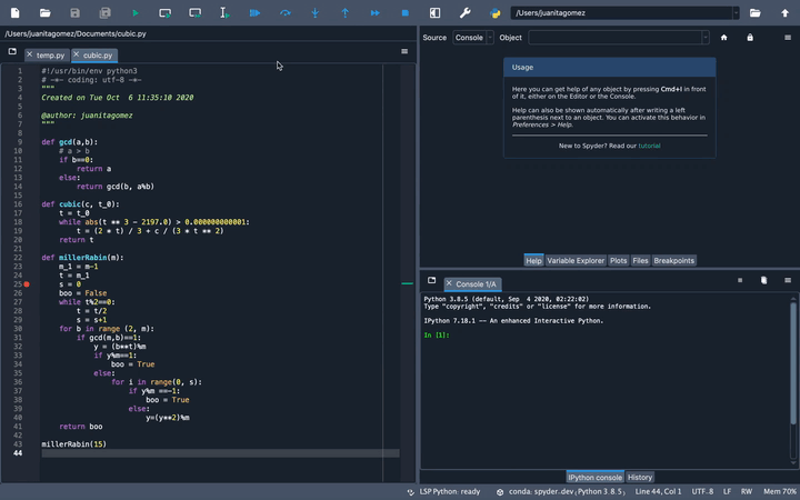 A Spyder IPython console window, showing debugging from toolbar