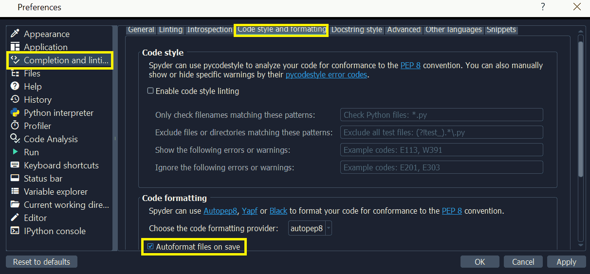 Spyder's preferences dialog, showing checking the autoformat files on save setting