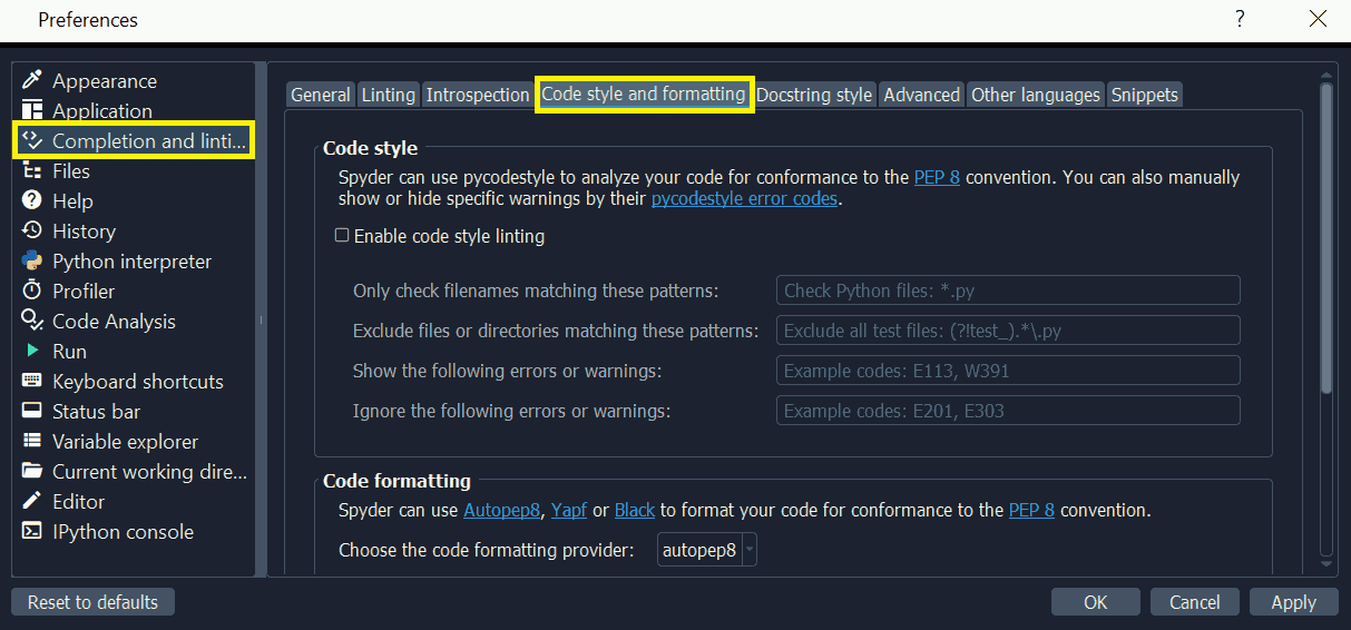 Spyder's preferences dialog, showing code style and formatting settings