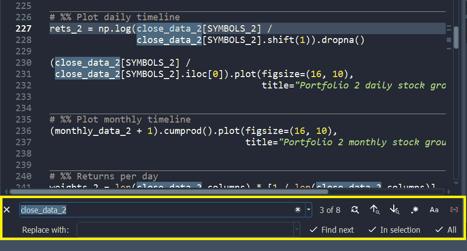 Spyder's Editor pane, showing the find and replace panel