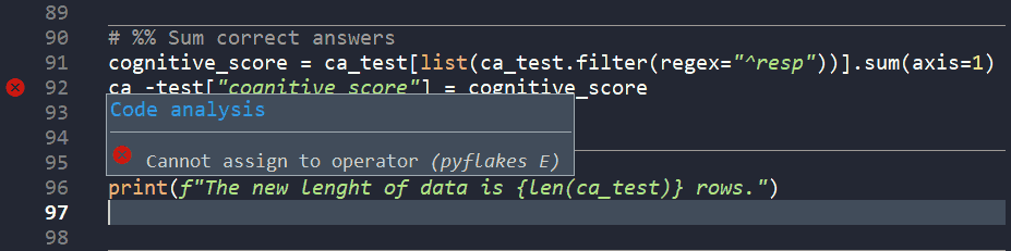 Spyder's Editor pane, showing an example of a highlighted code error