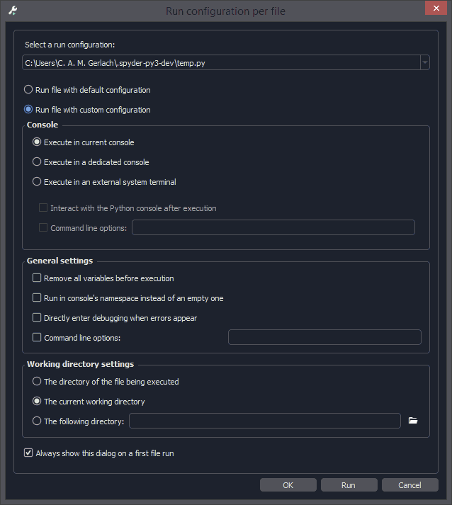 Spyder's Editor pane, showing the Run Configuration dialog