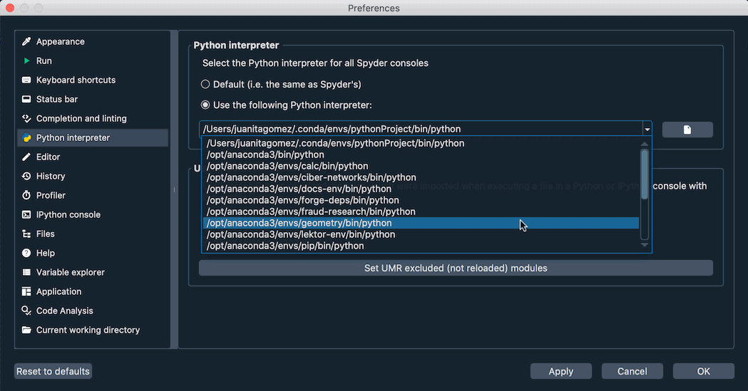 Preferences showing changing Python interpreter