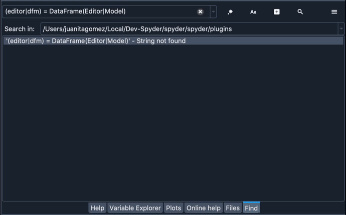 Spyder Find pane showing regular expression search