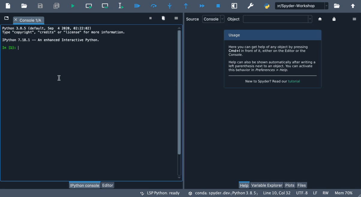 Spyder console and help pane showing automatic help with parenthesis