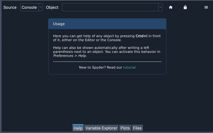 Spyder Help pane, displaying documentation for an object whose name was written in the object text box