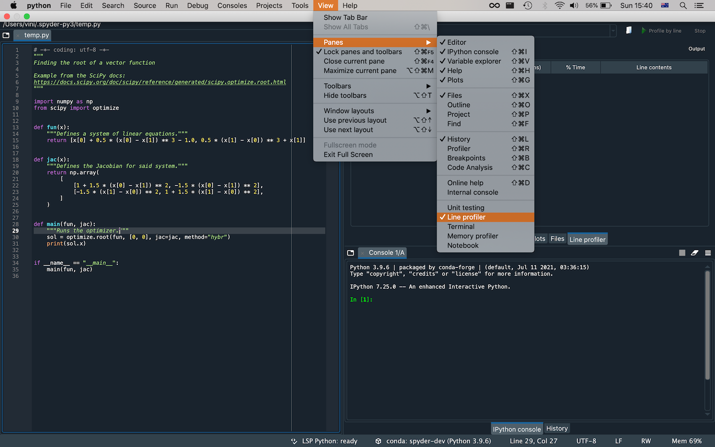 Spyder showing View Panes Line Profiler