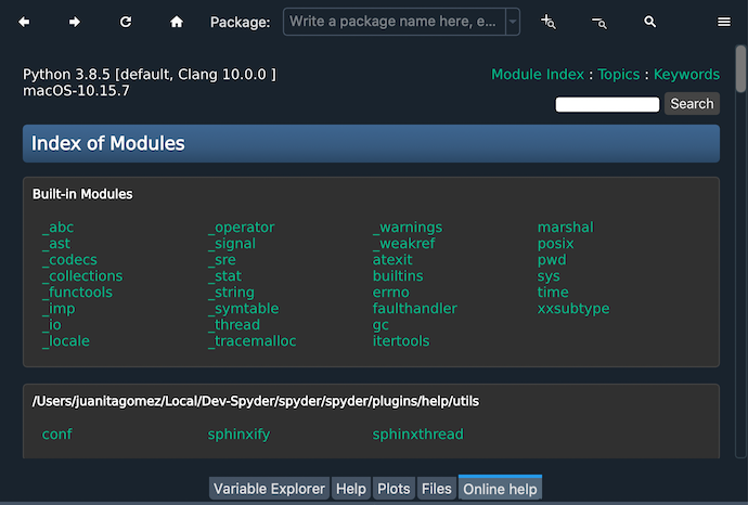 Spyder Online Help pane on the index page, a list of builtin modules