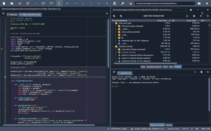 Spyder Profiler pane, showing running profiler from menu bar