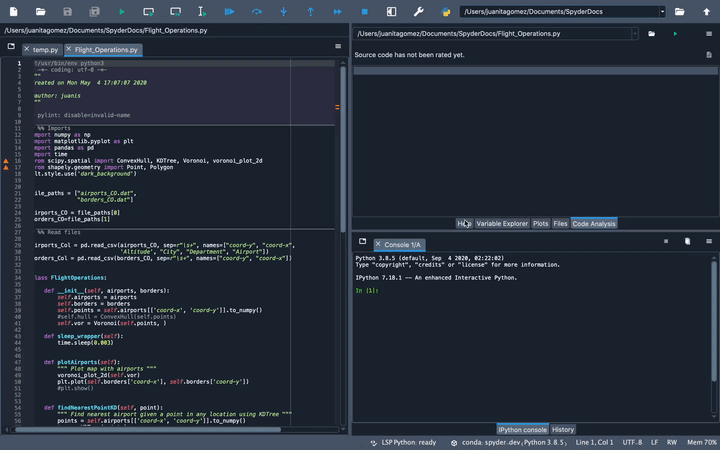 Spyder Pylint pane, showing running analysis and clicking failed check