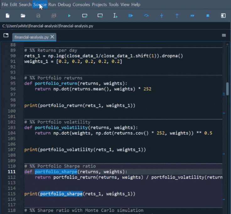 Spyder's Editor pane, showing the class and function selector panel