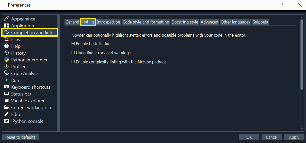 Spyder's preferences dialog, showing linting settings
