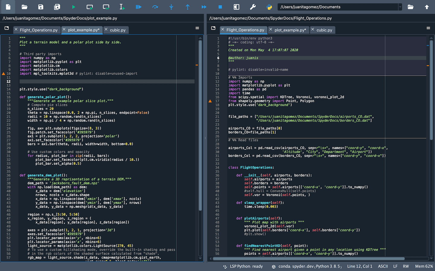 Spyder's Editor pane, split horizontally and with style analysis