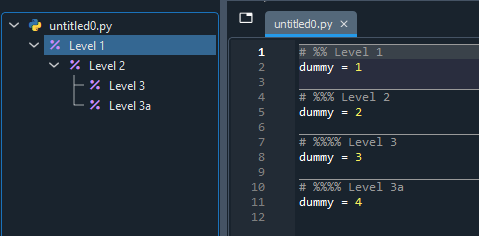 Spyder outline pane, showing an example of sub sections