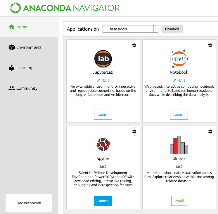 Navigator mostrando la ejecución de una versión específica de Spyder