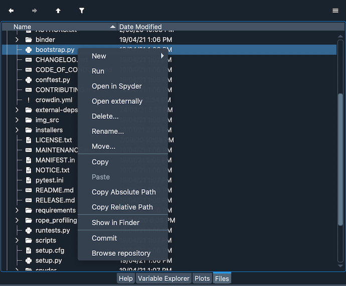 Spyder Files pane showing context menu