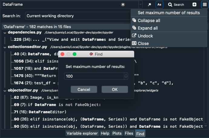 Spyder Find pane showing window with maximum results dialog open