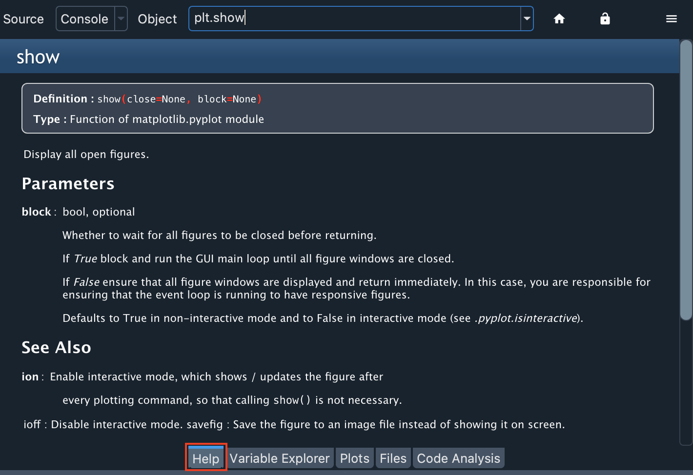 plt.show() help in Spyder's Help pane