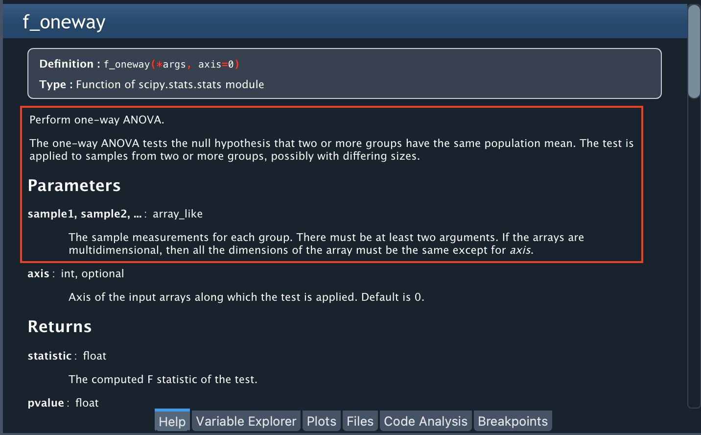 stats.f_oneway() help in Spyder's Help pane