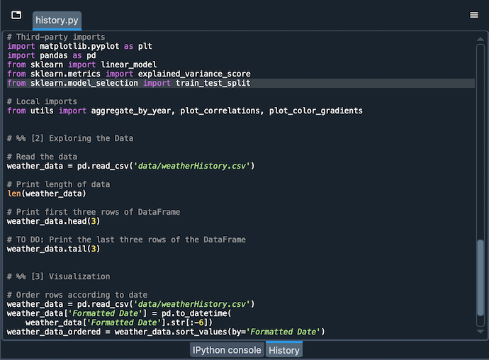 Spyder History Log, displaying a list of previously executed commands