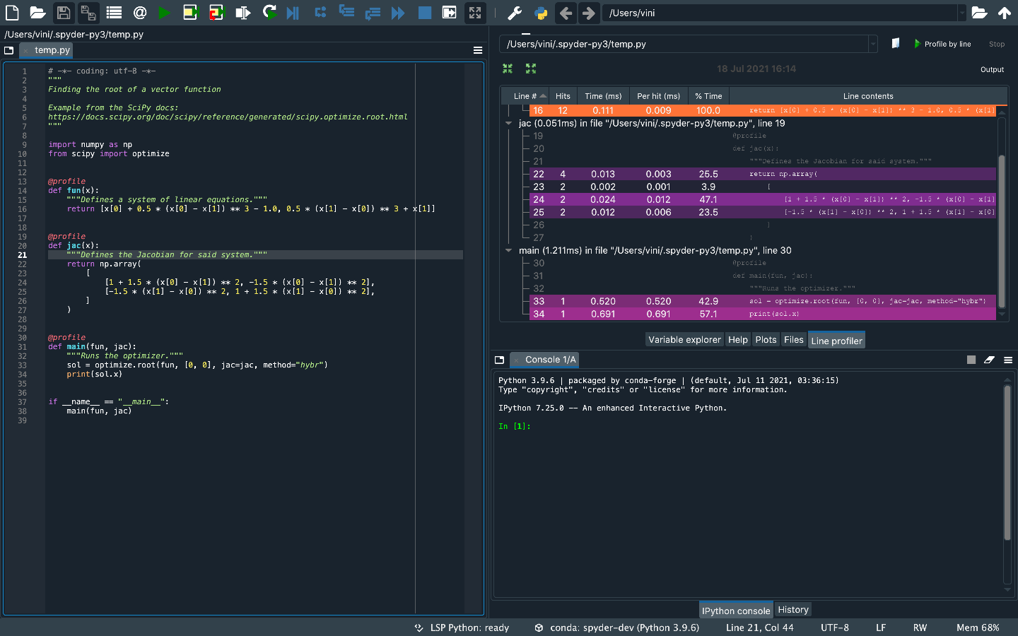 Spyder with the Line Profiler pane open