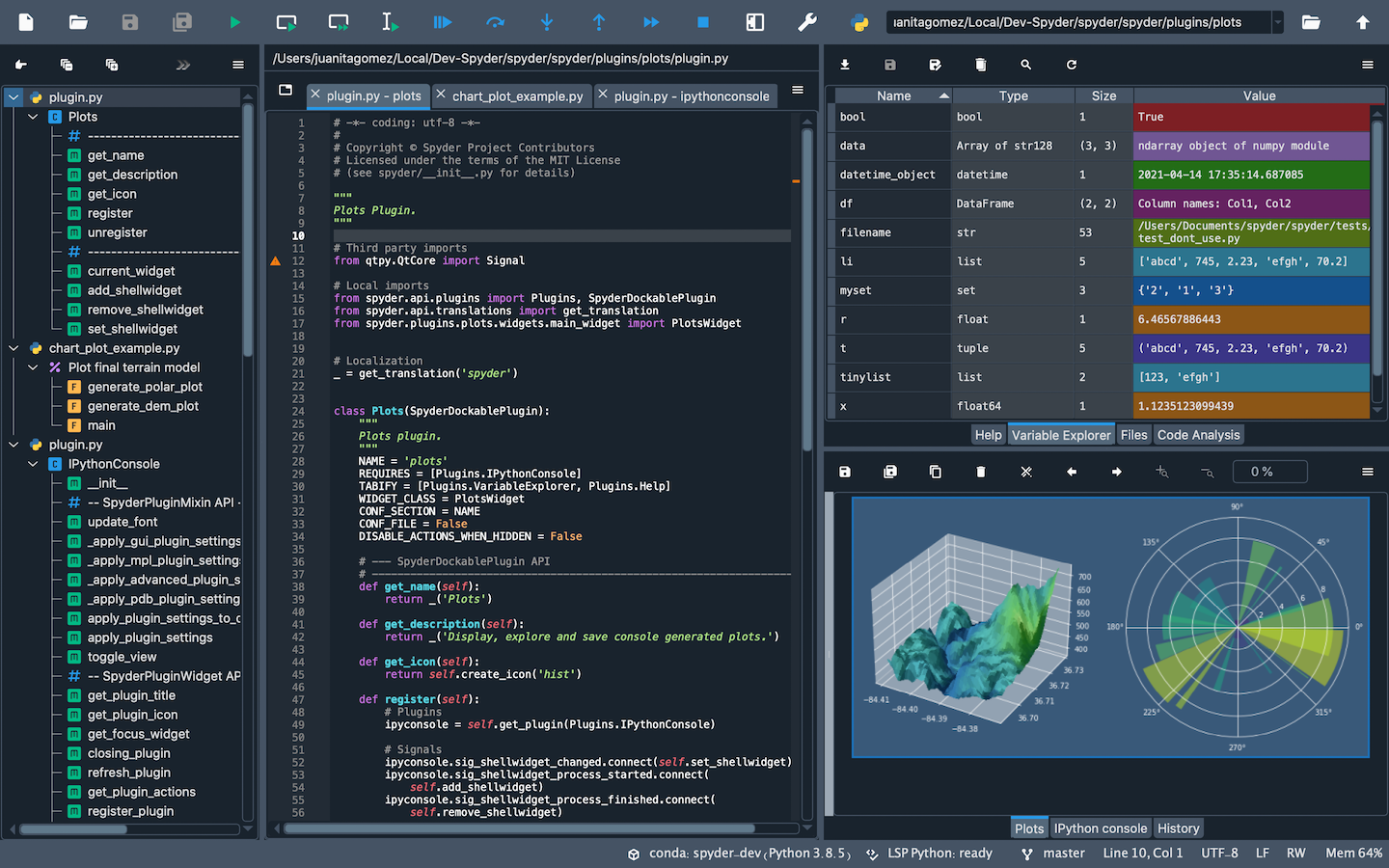 Captura de pantalla de la ventana principal de Spyder, con el diseño de paneles por defecto