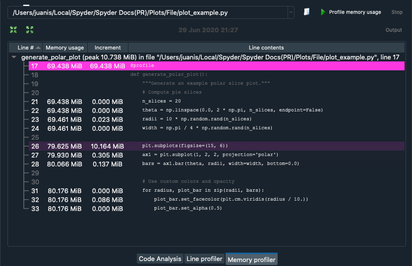 Spyder Profiler pane, displaying a list of functions and their execution time