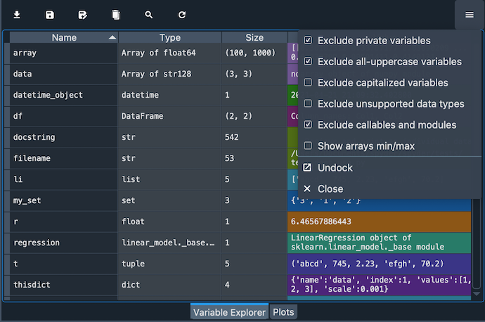 Spyder Variable Explorer, with options menu