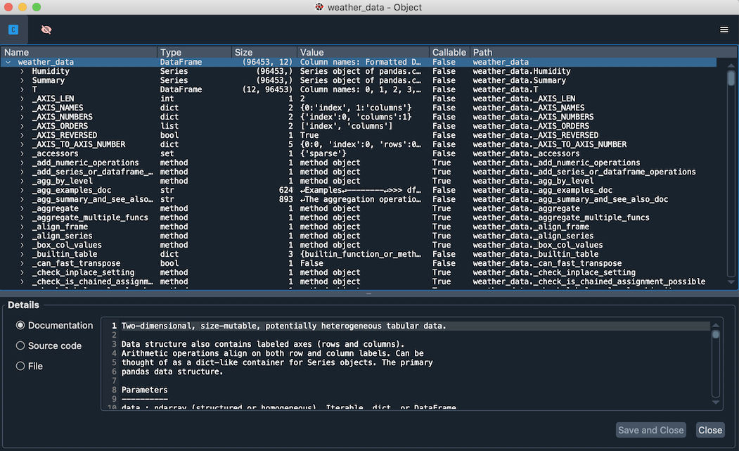 Object explorer showing dataframe