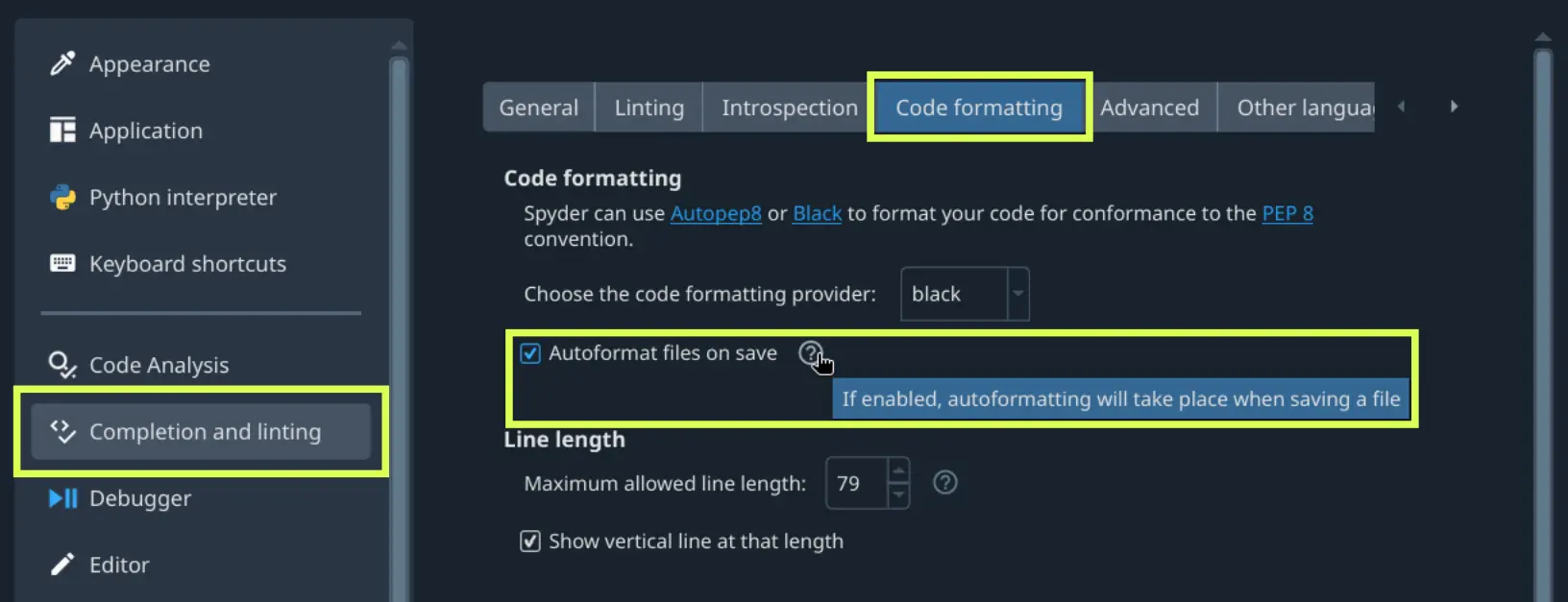 Spyder's preferences dialog, showing checking the autoformat files on save setting