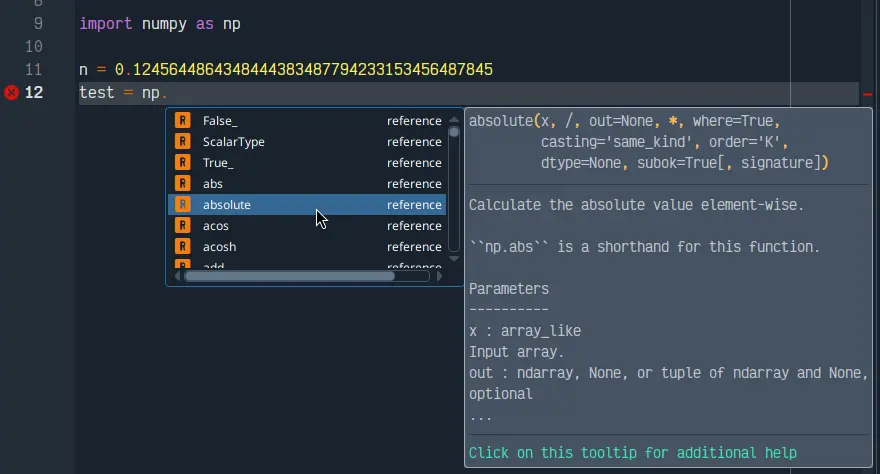 Spyder's Editor pane, showing a code completion example