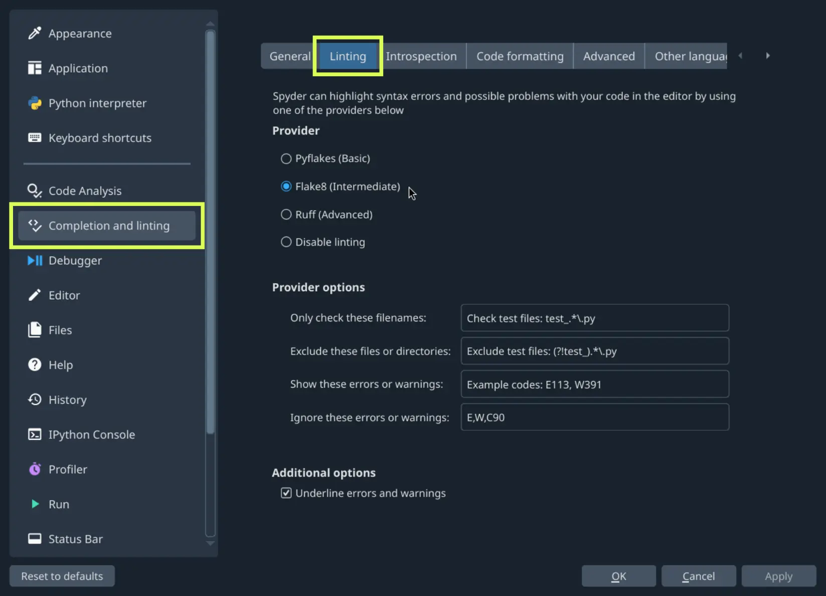 Spyder's preferences dialog, showing linting settings