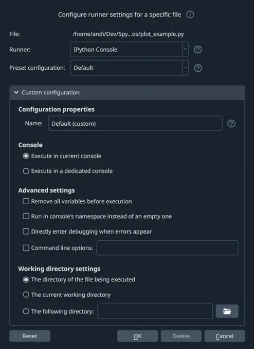 Spyder's Editor pane, showing the Run Configuration dialog