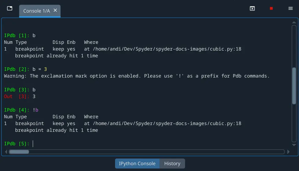 Spyder's IPython console showing Pdb commands