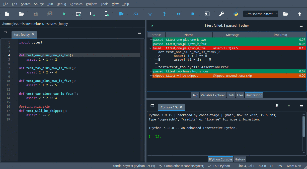 Spyder Unittest plugin in Spyder