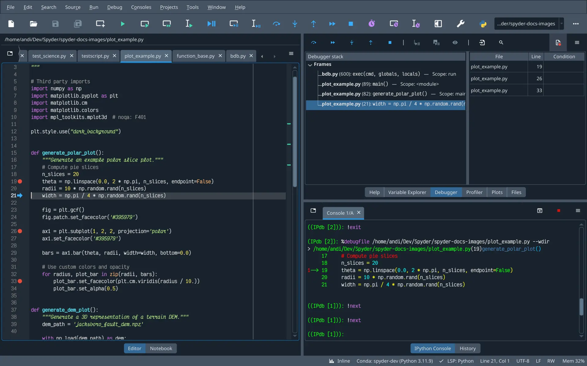 A Spyder IPython console window, showing the ipdb debugger in action