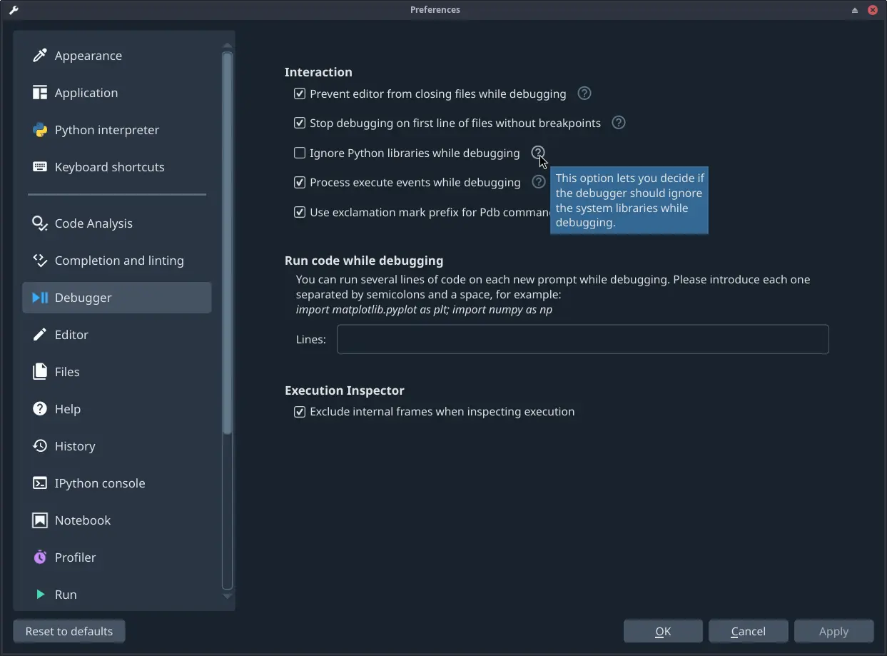 Spyder's preferences showing Ignore Python libraries while debugging options