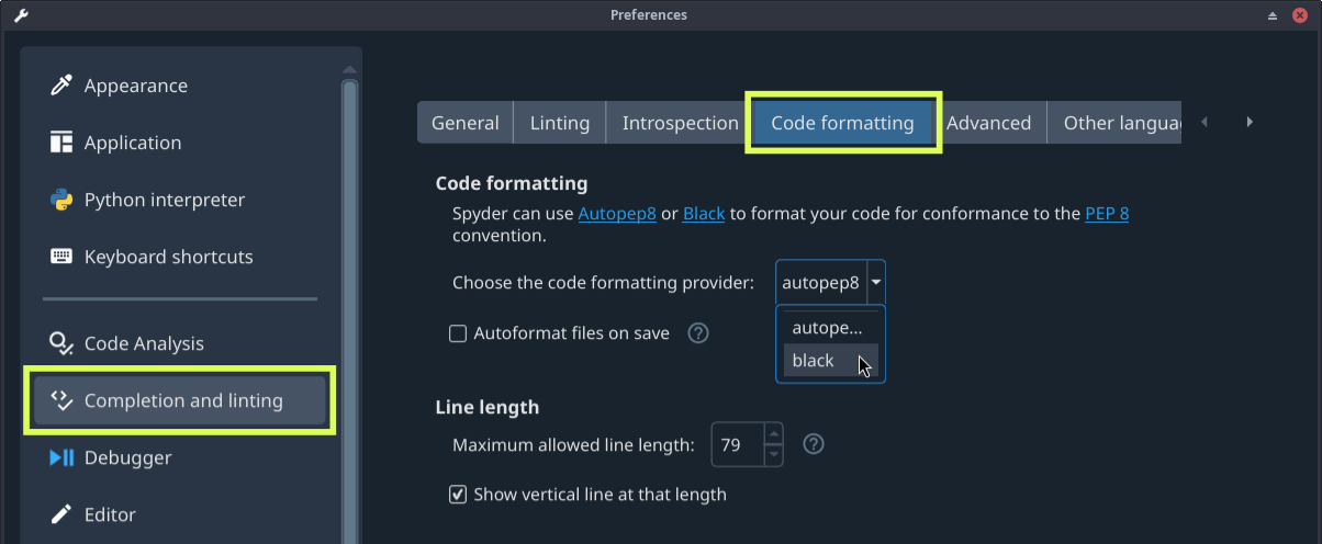 Spyder's preferences dialog, showing code style and formatting settings