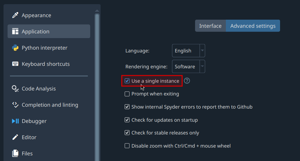 Spyder showing Use a single instance setting